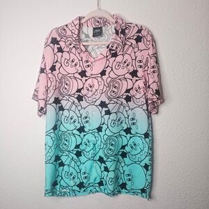 Nintendo Kirby Pink Teal Ombre Rayon Button Up Shirt Mens Small All Over Graphic